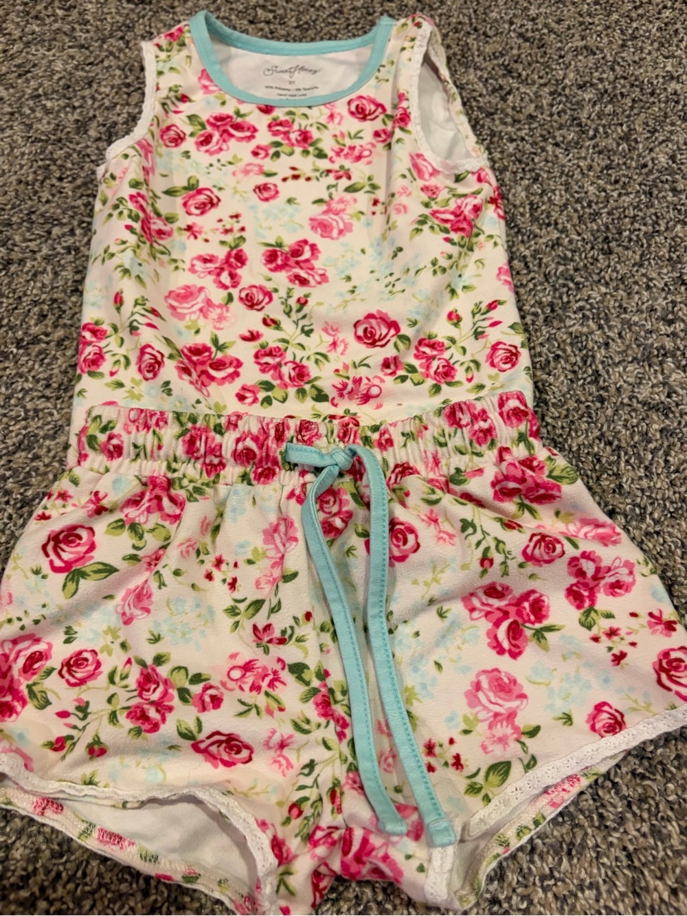 SweetHoney White Romper with Pink Rose Print and Aqua Trim